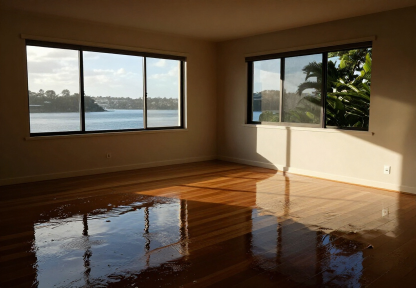 Flooded living room in North Balgowlah before restoration